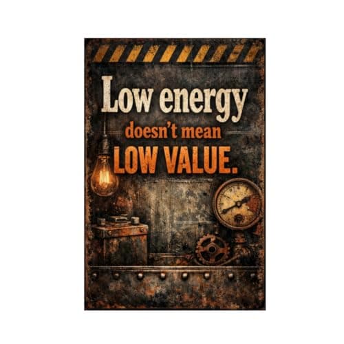 Low Energy Doesnt Mean Low Value Tin Sign Inspirational Quote Industrial Metal Wall Decor Rustic Factory Style Motivation Plaque Vintage Steampunk Art For Home Office Garage Workshop 8x12 Inch - Image 1