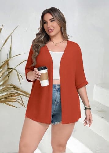 Lastshe Womens Plus Size Cardigan Rolled Short Sleeve Lightweight Split Hem Sweaters Cardigan Wrap,Orange,4X - Thumbnail 5