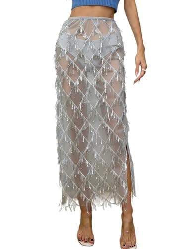 AXX Women's Sequin Fringe Midi Skirt - Sheer Mesh Sparkly Tassel Skirt with Side Slit, Elastic Waist Glitter Party Club (US, Alpha, X-Large, Regular, Regular, Grey) - Image 1