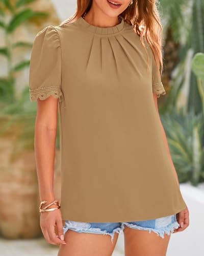 BTFBM Women's Dressy Casual Blouses Business Work Tops Lace Trim Short Sleeve Office Shirts 2025 Summer Spring Outfits(Light Khaki, Large) - Thumbnail 6