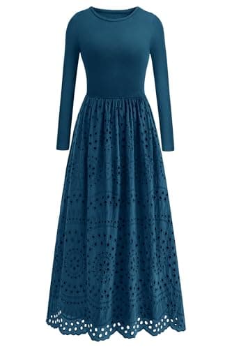 dowerme Women Spring Dresses 2026 Casual Long Sleeve Crewneck A-Line Boho Eyelet Cotton Maxi Wedding Guest Dress Pockets(Dark Blue,XX-Large) - Image 1