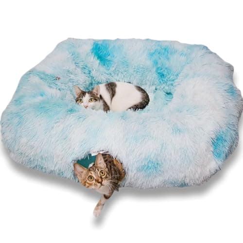 XxingSheep XL Cat Tunnel with Bed for Indoor Cats Peekaboo Cat Cave Donut Toy with Warm Mat,Azure Blue