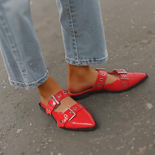 Grakihily Buckle Flats for Women Pointy Toe Wide Welt Buckled Mules Low Block Heel Slippers Mary Jane Shoes Comfortable Ballerina Flats - Thumbnail 2