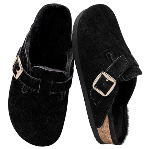 Fuzzy Suede Clogs for Women Fur Lined Leather Mules Soft Non Slip Potato Shoes with Arch Support - Image 1
