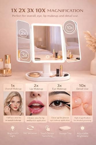 Lighted Makeup Vanity Mirror, Height Adjustable Trifold Mirror with Seamless Light Strip, 1X/2X/3X/10X Magnification, 2000mAh Rechargeable Desk Mirror, Dimmable 3 Color Lighting, Gifts for Mom Women - Thumbnail 5