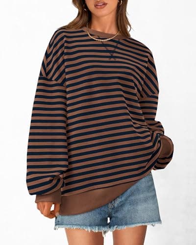 BTFBM Womens Oversized Striped Sweatshirt 2026 Spring Crewneck Long Sleeve Pullover Top Casual Y2K Clothes Workout Shirt(Brown Navy, Medium) - Thumbnail 3