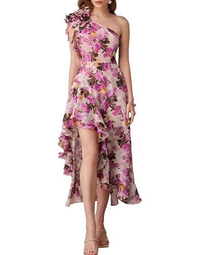 GRACE KARIN Women Summer One Shoulder Sleeveless Dresses Floral Ruffle High Low Wedding Guest Sundresses Apricot Pink 12 - Image 1