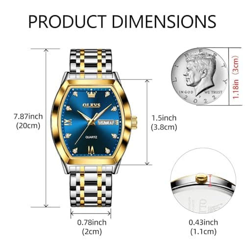 OLEVS Watches for Men Square Blue Face Silver and Gold Stainless Steel Dress Man Watch Luxury Two Toned Waterproof Wrist Watch Relojes para Hombres - Thumbnail 2