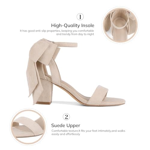 Yremael Women's Heeled Sandals Apricot Bow Round Open Toe Buckle Chunky Block Heel Comfortable Wedding Dress Shoes - Thumbnail 5