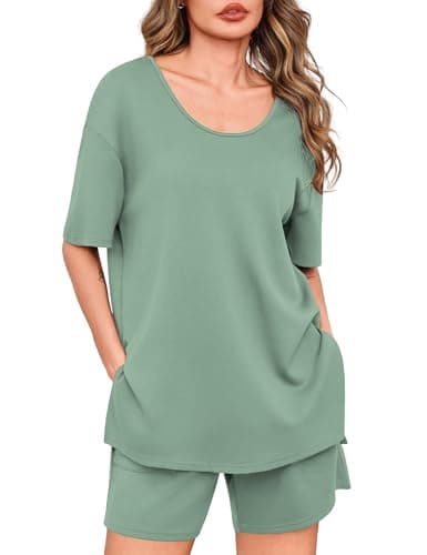 Totatuit Women's Casual 2 Piece Short Sets Oversized Slit Hem T-Shirt and High Waisted Shorts Pajama Set Soft Loungewear for Vacation Sage Green X-Large - Image 1