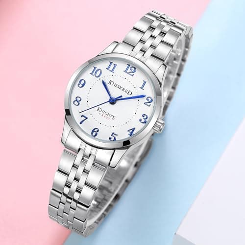 KNISKRED Easy Reader Watch for Women with Solid Stainless Steel Band Ladies Dress Watch Water Resistant (Silver) - Thumbnail 3