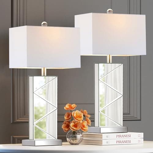 Hamucd 3-Color Temperature Mirrored Bedside Table Lamps Set of 2 for Living Room,Tall Silver Bling Modern Nightstands Lamps for Bedroom with 2 Bulbs,Full Mirror Cutting Design with White Fabric Shade - Image 1