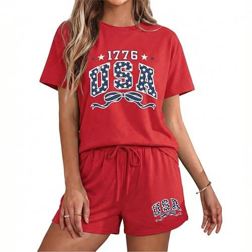 MYHALF 4th of July Sets for Women Sequin Star Graphic Shirt and Shorts Patriotic Outfits 2 Piece Short Sleeve Lounge Set - Image 1