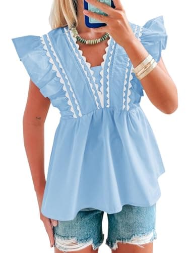 Tankaneo Womens Ruffle Cap Sleeve Babydoll Blouse Dressy Casual Summer V Neck Peplum Tops Loose Fit Pleated Shirts Sky Blue - Image 1