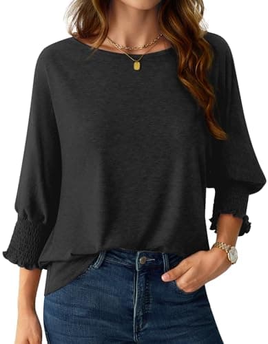 NORACORA Women's 3/4 Sleeve Tops Loose Fit Shirts Dressy Casual Crew Neck T Shirts for Women Basic Tees Shirt with Smocked Cuffs 2025 Fall Fashion Blouse Black XXL - Image 1