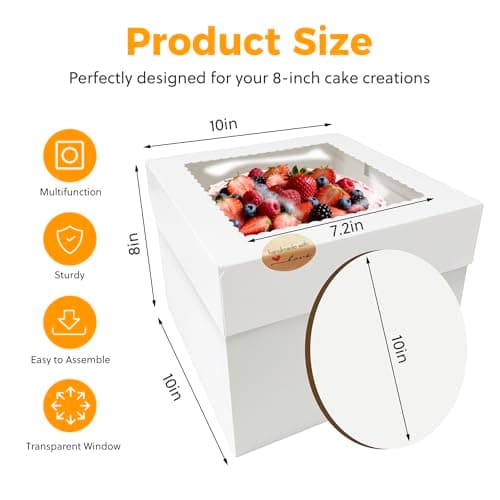 5 Sets Cake Boxes,10x10x8 Inch Tall Cake Box with Cake Boards 10",Disposable Cake Containers with Lids,White Bakery Boxes with Large Window,for Layer Cakes,Pies,Donuts,Cookies,Wedding,Birthday,Party - Thumbnail 2