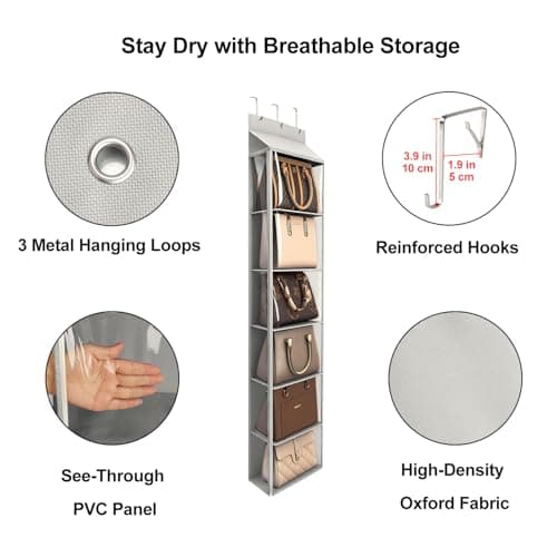 Lirex Over The Door Purse Organizer & Purse Shelf for Closet – Handbag Storage Organizer with Purse Hanger. Perfect for Scarves, Hats, and Leggings. S (11.8'' x 5'' x 51.6''), Light Grey - Thumbnail 3