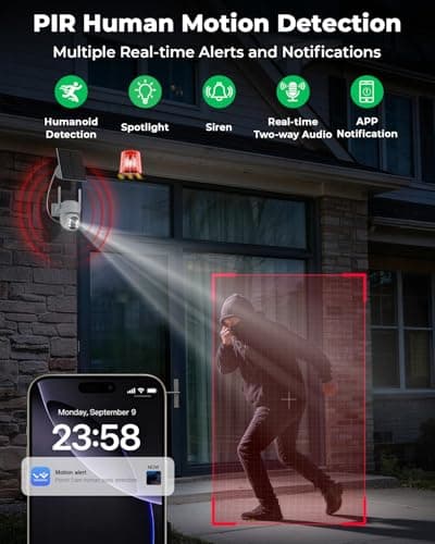 Noaheye Solar Security Cameras Wireless Outdoor, 5G&2.4GHz Cameras for Home Security, 2K Solar Outdoor Camera, Color Night Vision, AI Human Detection, 2-Way Talk, Siren Alarms (2-Pack) - Thumbnail 4