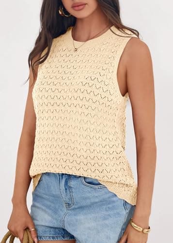 KIRUNDO Sweater Vest Women Crochet Tank Tops 2026 Spring Summer Sleeveless Knit Pullover Beach Cover Up Vacation Outfits (Beige, XX-Large) - Thumbnail 6