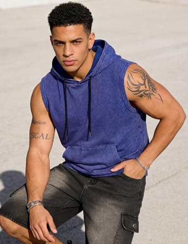 JMIERR Mens 2026 Vintage Washed Sleeveless Hoodie Tank Top Cotton Muscle Workout Gym Streetwear Shirt Blue - Thumbnail 4