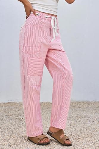 PLNOTME Womens Baggy Barrel Horseshoe Jeans Wide Leg Patchwork Low Rise Striped Pants with Pockets Pink - Thumbnail 2