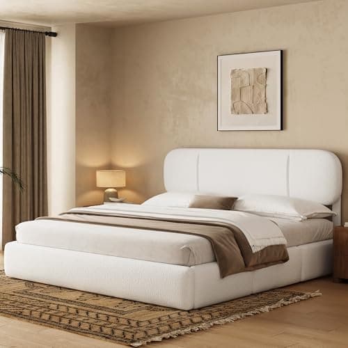 Uteeran King Size Bed Frame with Storage, Boucle Cloud Bed with 4 Locking Drawers & LED Lights, Modern Upholstered Platform Bed, Plush Sides & Footboard, Adjustable Headboard, No Box Spring, White - Image 1