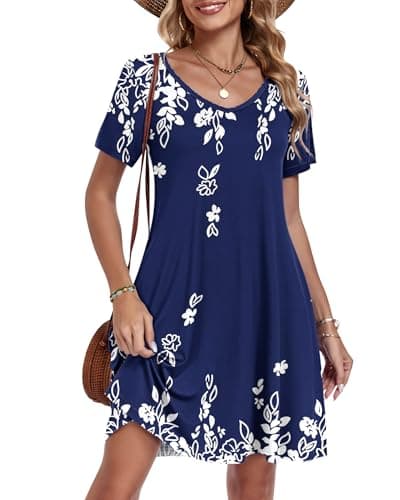 AUSELILY Summer Dresses for Women Short Sleeve V Neck Tshirt Swing Floral Vacation Beach Mini Dress with Pockets 2026 Navy Blue White Floral 3XL - Image 1