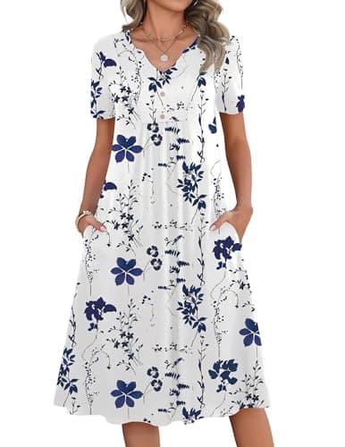 Zeagoo Women's Flower Dress Bohemian Button Decor Flowy Summer Dresses Casual Short Sleeve Aline Midi Sundress with Pockets - Image 1
