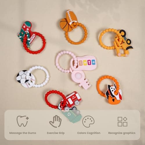 Silicone Baby Ring Toy with Two Teethers,Must Haves Teething Relief Chew Toys for 0-6,6-12 Months Boys and Girls,Newborns Essentials,Safe and Soft,BPA Free. (Keys) - Thumbnail 5