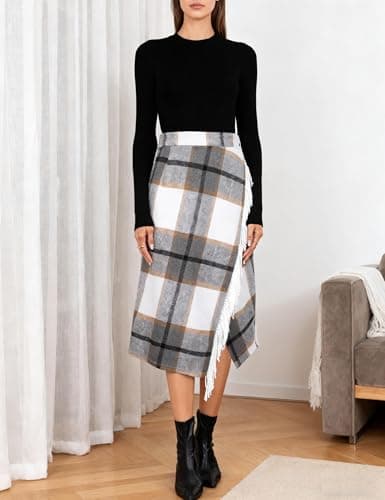 Tanming Womens Plaid Fringed Midi Skirt A Line Warm Wool Wrap Skirt Fall Winter Tartan Dress (LightGrey-XS) - Thumbnail 3