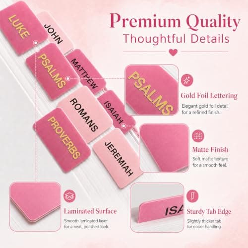 JIAANNING Pink Bible Tabs for Women, 90 Pcs Laminated Gold Foil Large Print Index Tabs, Easy Navigation Tabs for Bible Study & Journaling, Feminine Style - Thumbnail 5