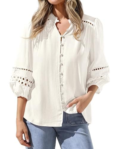BTFBM 3/4 Length Sleeve Womens Tops Summer Blouses Eyelet Hollow Out Button Down Shirts Business Casual Outfits 2026(Beige, XX-Large) - Image 1