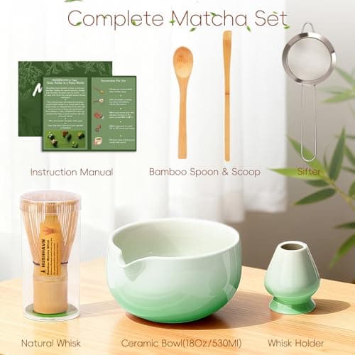 HUSHHAVN Matcha Whisk Set, Ceramic Matcha Set Includes Bowl & Holder, Bamboo Whisk (Chasen), Scoop, Spoon and Sifter, 6PCS Matcha Kit Covers Everything Needed for Making Matcha (Green) - Thumbnail 2