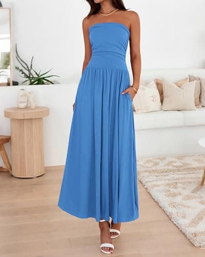 BTFBM Summer Maxi Dresses for Women 2026 Strapless Ruched Tube Top Beach Vacation Spring Wedding Guest Dress Pockets(Blue, Large) - Thumbnail 4