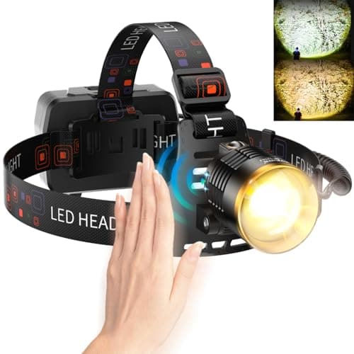 SKYFIRE Rechargeable Headlamp Motion Sensor, LED Super Bright Head lamp with 7500mAh Battery, Zoomable Adjustable Head Light for Cycling Camping Hiking - Dual Light Sources Yellow & White Light