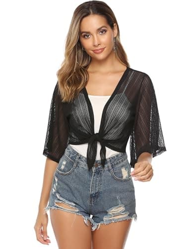 iClosam Women Sheer Shrug Tie Front Short Sleeve Cropped Bolero Shrug Cardigan - Thumbnail 2