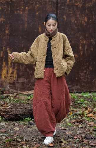 MOYUYUNJIAN Women's Diamond Shaped Jacket Short Cotton Linen Quilted Oversized Coat Button Retro Winter Bohemian Top (US, Alpha, One Size, Regular, Regular, Khaki) - Thumbnail 2