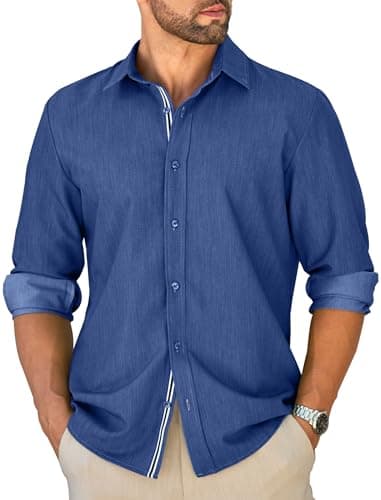 MAPICK Mens Untucked Dress Shirt Stretch Wrinkle Free Button Down Shirt Long Sleeve Business Casual Lightweight Denim Texture - Image 1