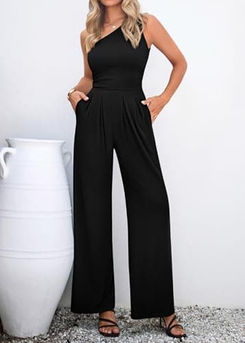 KIRUNDO One Piece Jumpsuits For Women Dressy 2026 Sleeveless One Shoulder Ribbed Wide Leg Rompers With Pockets Summer Outfits(Black, X-Large) - Thumbnail 6