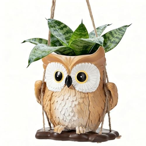 QCQHDU Swing Owl Hanging Pots with Drainage Hole, Small Resin Succulent Plant Planters, Cute Indoor/Outdoor Decor for Balcony Garden Patio, Women Gift Idea, Khaki - Image 1