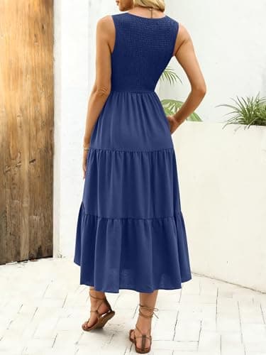 ANRABESS Women's Summer Casual Maxi Dress Sleeveless Crewneck Smocked 2026 Flowy Plaid Tiered Boho A Line Beach Long Sundress Navy Blue Medium - Thumbnail 4