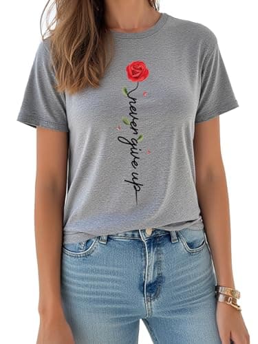 AiMgFUN Women's 2025 Summer Graphic T Shirts,Stylish Short Sleeve Tee, Printed Casual Top,Crew Neck Roseflower Grey-XL - Thumbnail 4