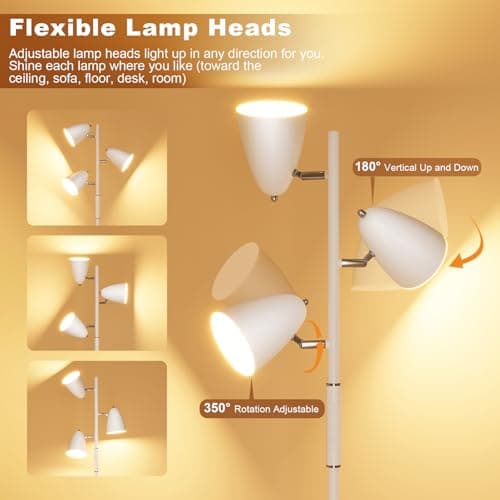 QiMH LED Floor Lamp for Living Room, Modern Dimmable Standing Lamp with 4 Color Temperature,Remote and Touch Control, Tree Floor Lamp for Bedroom with 3 Rotatable Lights Bright Stand up Lamp, White - Thumbnail 3