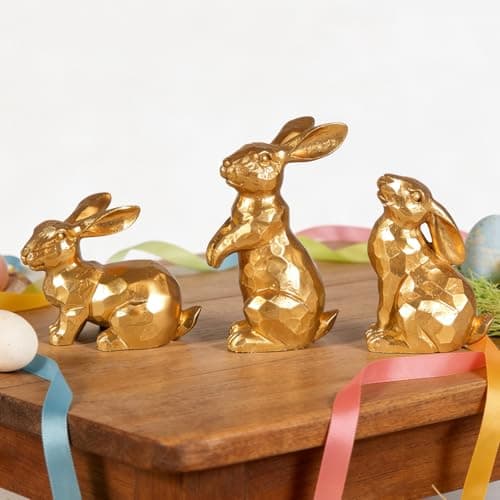 MicoSim Easter Bunny Decorations,Vintage Gold Rabbit Figurine, Small Resin Bunnies for Home Spring Farmhouse Decor (Gold Faceted-3PCS) - Image 1