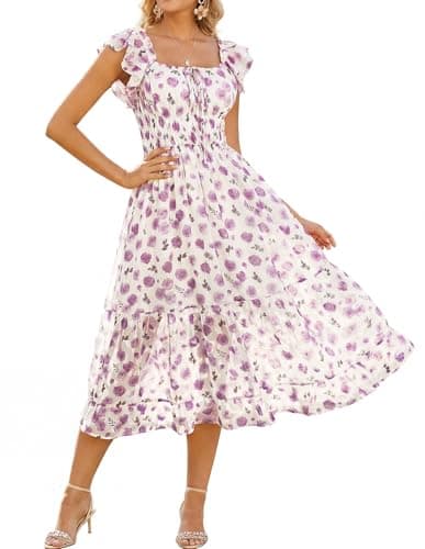 GRACE KARIN 2026 Women's Spring Floral Midi Dress Beach Wedding Guest Dresses Flowy A Line Casual Summer Clothes Purple Floral 2XL - Image 1
