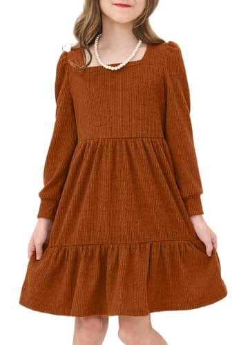 JiAmy Girls Long Sleeve Dresses Kids Square Neck Knit Sweater Tiered Fall Winter Casual Dress with Pocket Camel 7-8 Years - Image 1