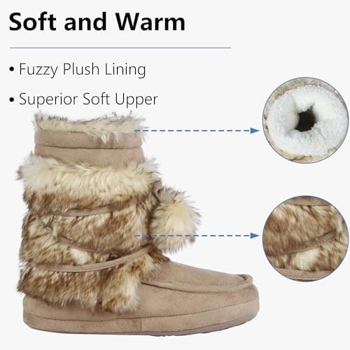 Forfoot House Slippers, Warm Soft Plush Lining Slippers Boots for Women Indoor Anti-Slip Shoes Soft Sole Lace Pom Pom Bedroom Booties Furry Boots Beige Size 9-10 - Thumbnail 5