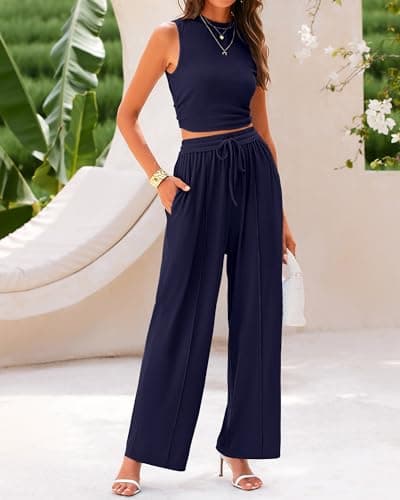 BTFBM Summer Outfits For Women 2026 Cropped Sleeveless Tank Tops Wide Leg Pants 2 Piece Sets Beach Lounge Set Clothing(Navy, X-Large) - Thumbnail 4