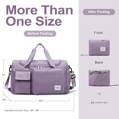 WOOMADA Foldable Travel Duffel Bag with Shoes Compartment, Overnight Bag with Wet Pocket & Trolley Sleeve, Weekender Bags for Women(A-grayish purple) - Thumbnail 2