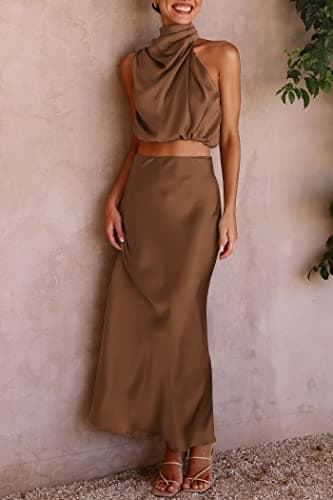 PRETTYGARDEN Women's 2 Piece Satin Outfits Summer Sleeveless Mock Neck Crop Tops and Long Skirt Dress Sets (Khaki,X-Large) - Thumbnail 5